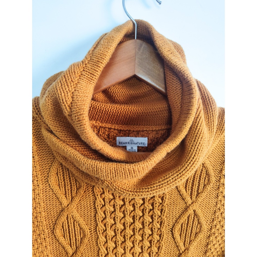 LL Bean Signature Sweater Medium Fisherman Cable Knit Cowl Funnel Neck Pocket - Picture 3 of 7